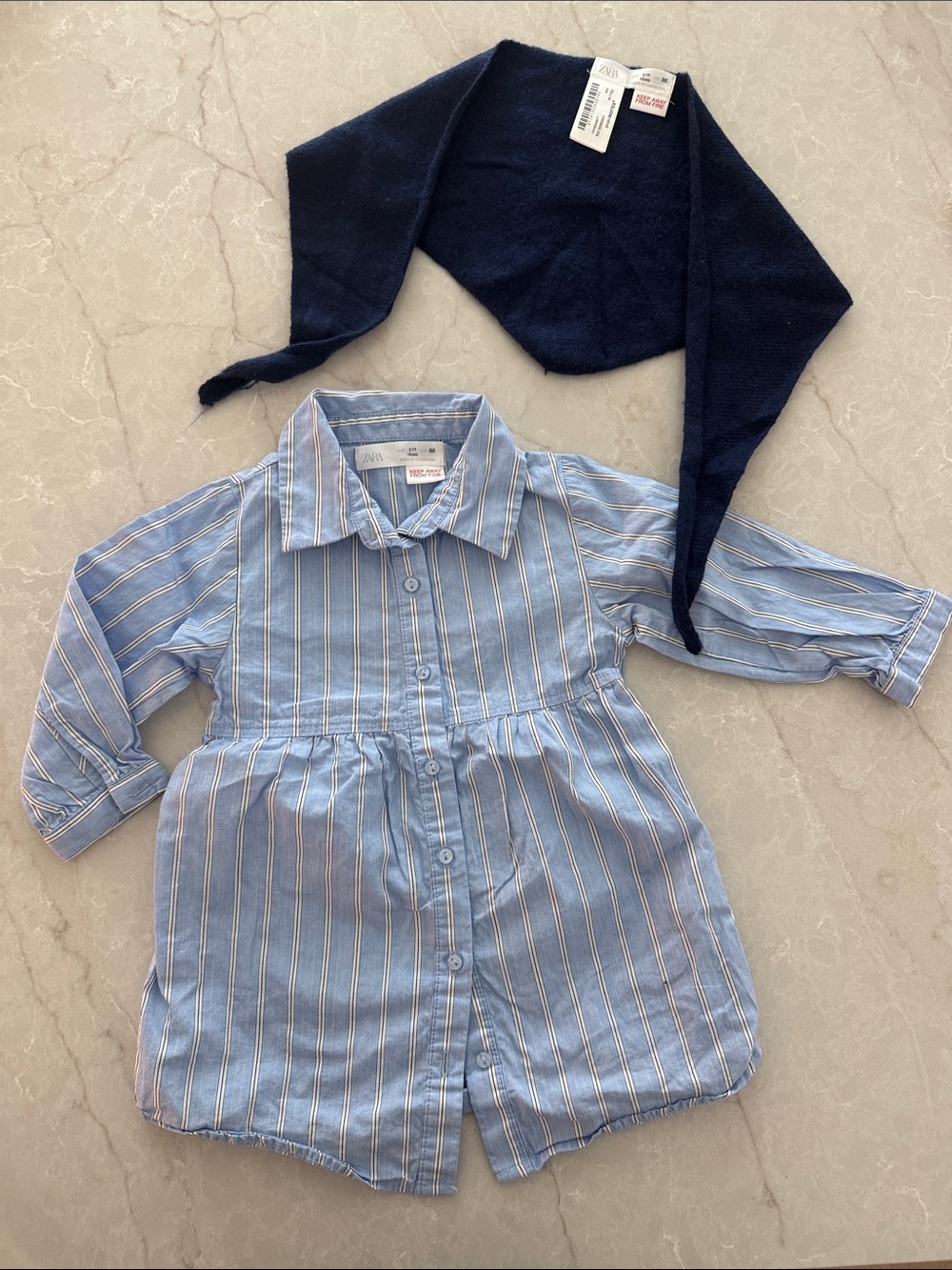 Zara Light Blue Striped Button-Front Dress with Navy Scarf 1 1/2 years or 18 mos